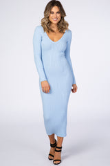Light Blue V-Neck Long Sleeve Fitted Maxi Dress
