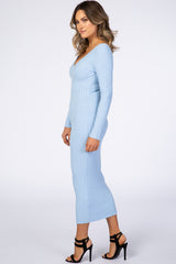 Light Blue V-Neck Long Sleeve Fitted Maxi Dress