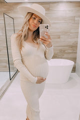 Taupe V-Neck Long Sleeve Fitted Maternity Maxi Dress