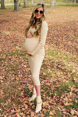 Taupe V-Neck Long Sleeve Fitted Maternity Maxi Dress