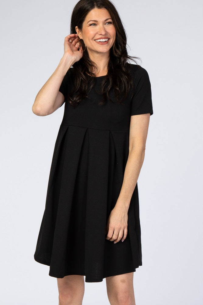 Black Short Sleeve Front Pleat Dress