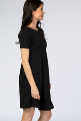 Black Short Sleeve Front Pleat Dress