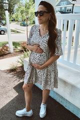 Beige Animal Print Ruffle Sleeve Maternity Dress