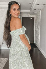Green Floral Ruffle Off Shoulder Maternity Maxi Dress