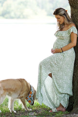 Green Floral Ruffle Off Shoulder Maternity Maxi Dress