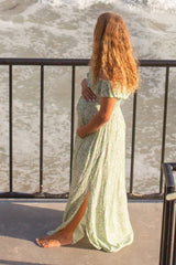 Green Floral Ruffle Off Shoulder Maternity Maxi Dress