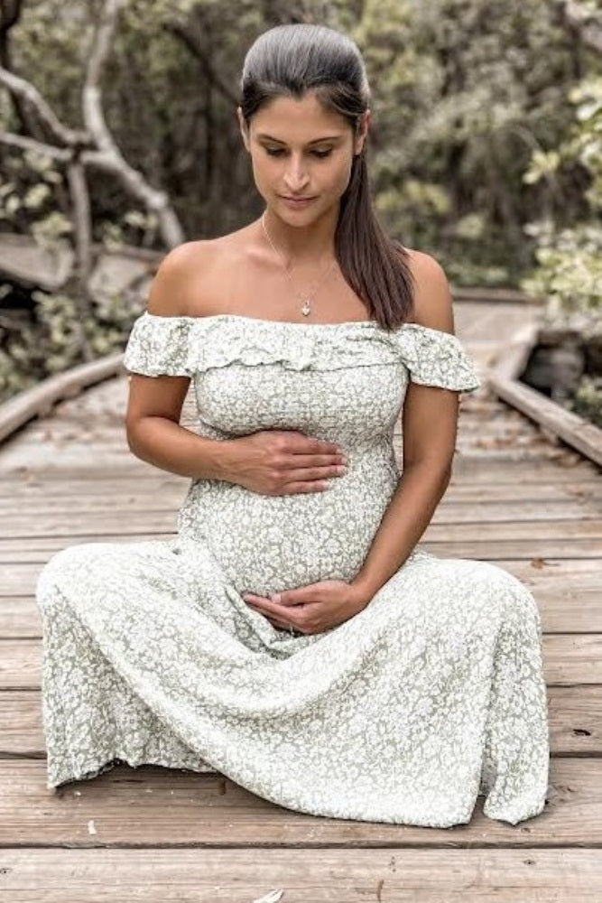 Green Floral Ruffle Off Shoulder Maternity Maxi Dress