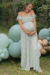 Green Floral Ruffle Off Shoulder Maternity Maxi Dress