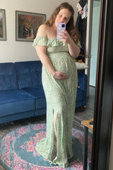 Green Floral Ruffle Off Shoulder Maternity Maxi Dress