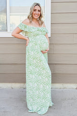Green Floral Ruffle Off Shoulder Maternity Maxi Dress