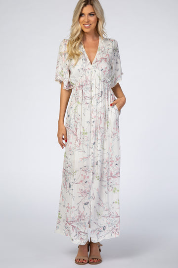 Ivory Floral Button Front Maxi Dress