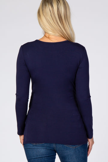 Navy Blue Long Sleeve Ruched Fitted Maternity Top