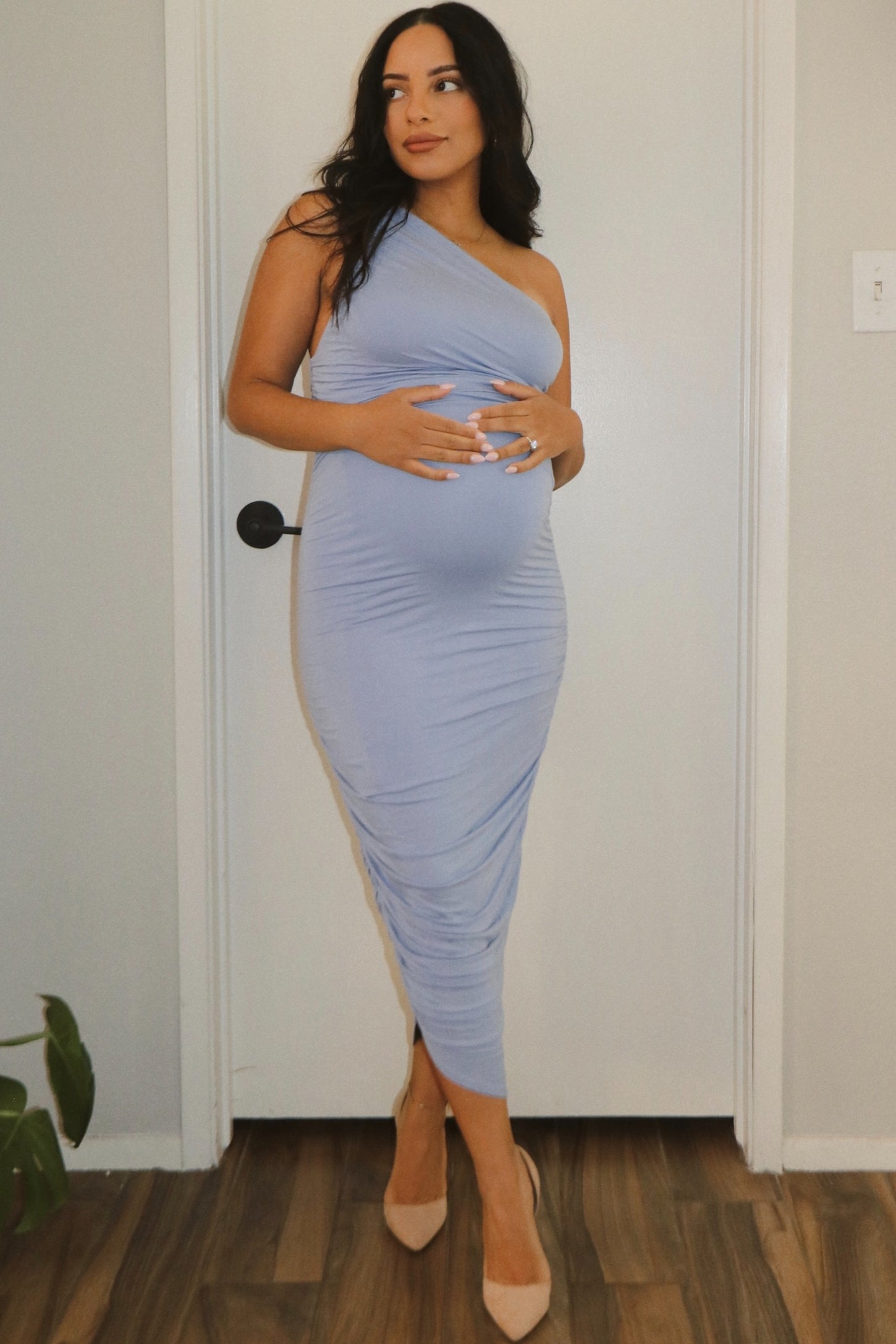 PinkBlush Light Blue Ruched One Shoulder Maternity Dress