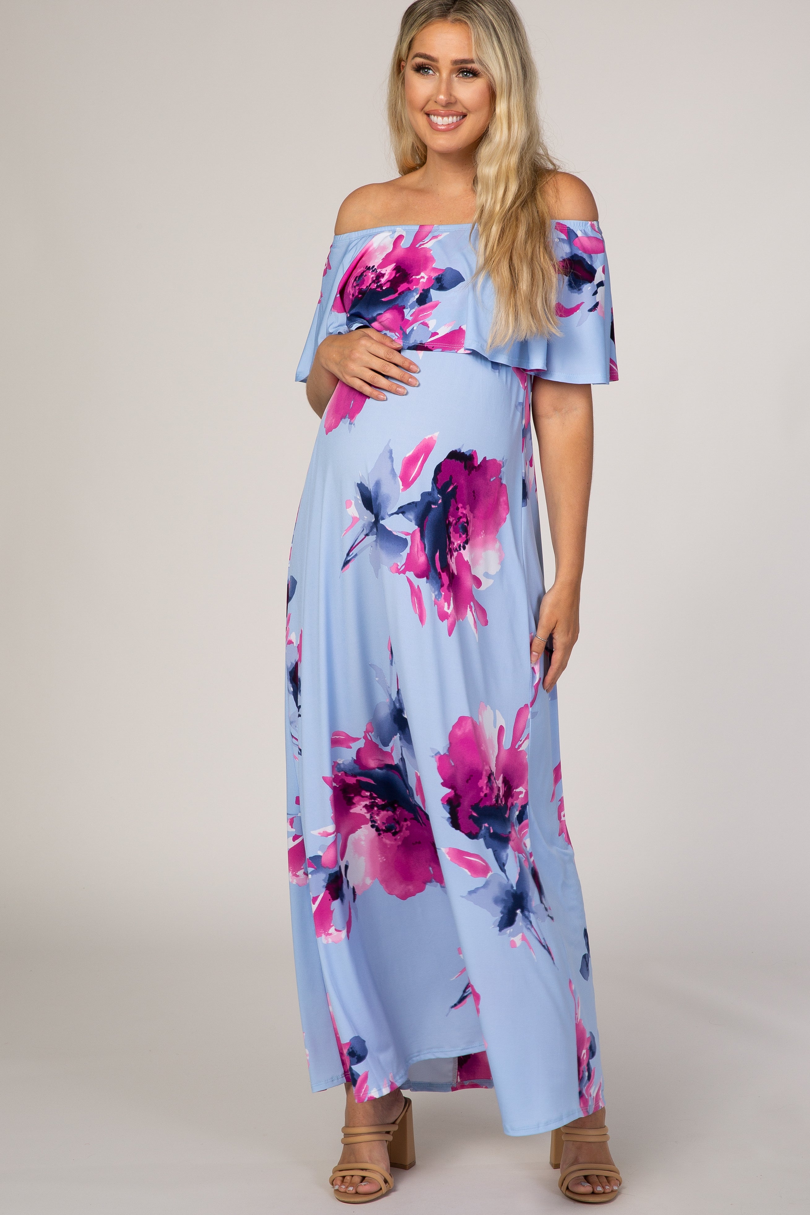 Light Blue Floral Off Shoulder Maternity Maxi Dress Light Blue Floral Off Shoulder Maternity Maxi Dress