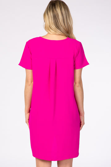 Pink V-Neck Short Sleeve Maternity Dress