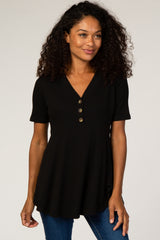 PinkBlush Black Ribbed Button Accent Blouse