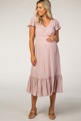 Pink Dot Print Ruffle Maternity Midi Dress