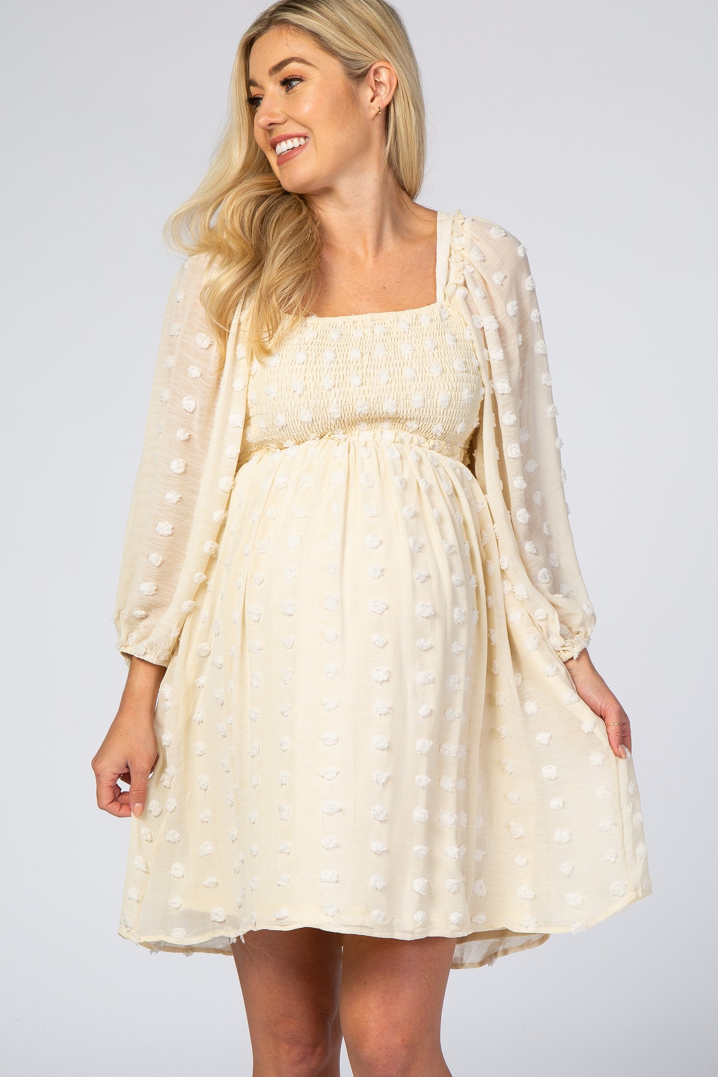 Beige Textured Dot Smocked Square Neck Chiffon Maternity Dress – PinkBlush
