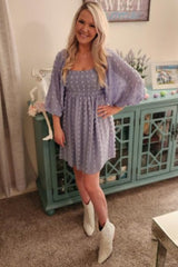 Light Blue Textured Dot Smocked Square Neck Chiffon Dress