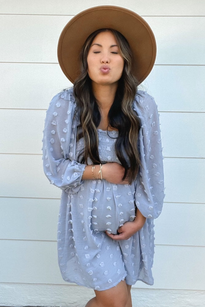 Light Blue Textured Dot Smocked Square Neck Chiffon Maternity Dress