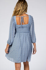 Light Blue Textured Dot Smocked Square Neck Chiffon Maternity Dress
