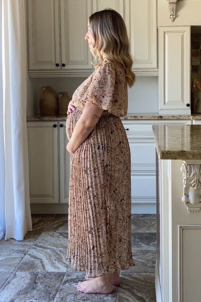 Beige Floral Pleated Short Sleeve Chiffon Maternity Midi Dress