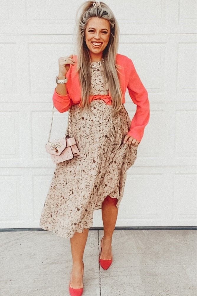 Beige Floral Pleated Short Sleeve Chiffon Maternity Midi Dress