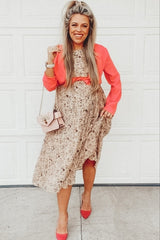 Beige Floral Pleated Short Sleeve Chiffon Maternity Midi Dress