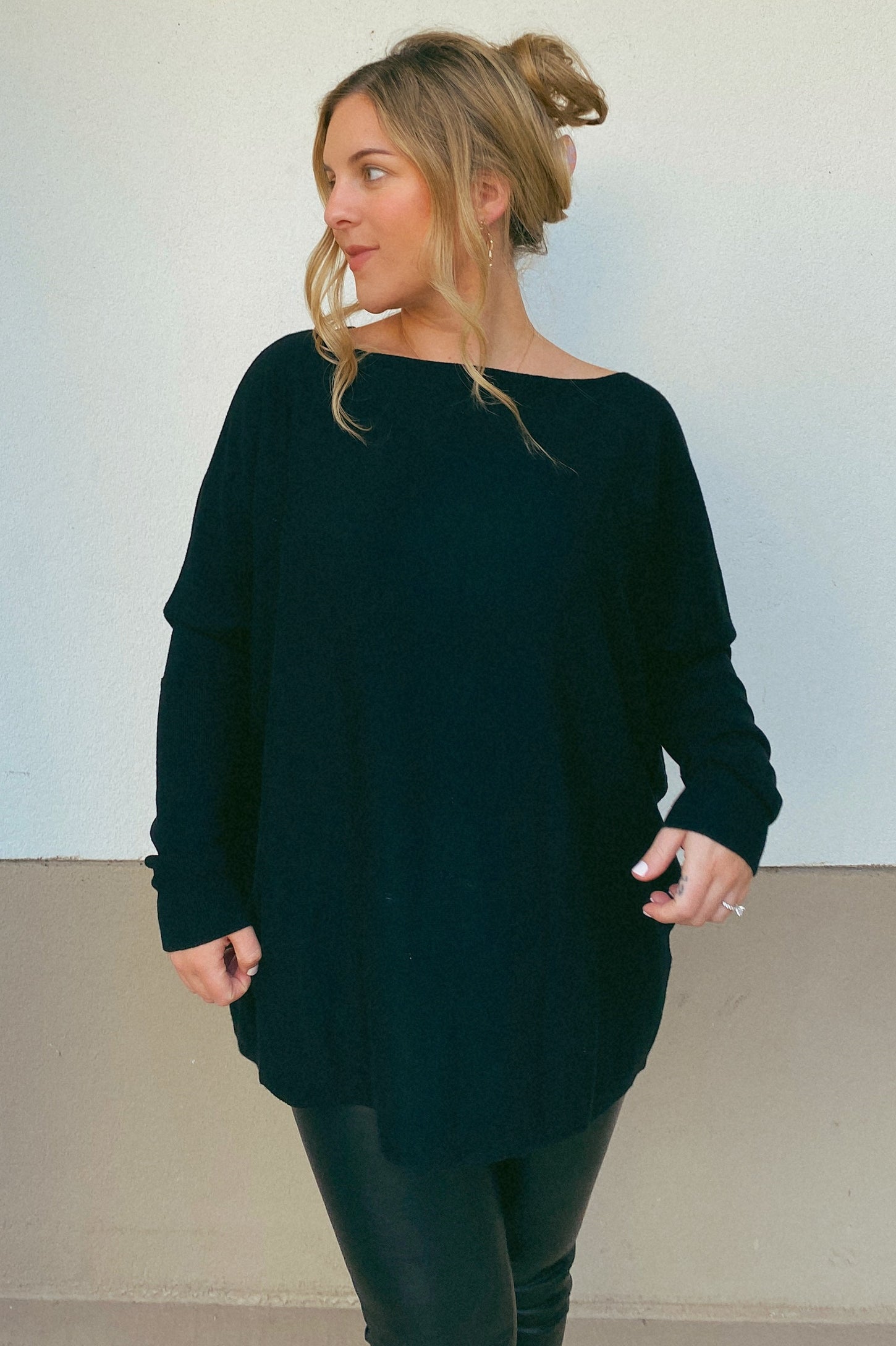 Black Soft Knit Boatneck Dolman Sleeve Sweater