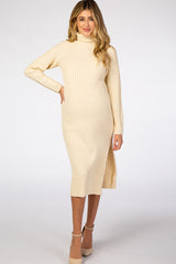 Cream Long Sleeve Turtleneck Maternity Sweater Dress