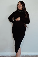 Black Ribbed Fitted Mock Neck Long Sleeve Maternity Midi Dress