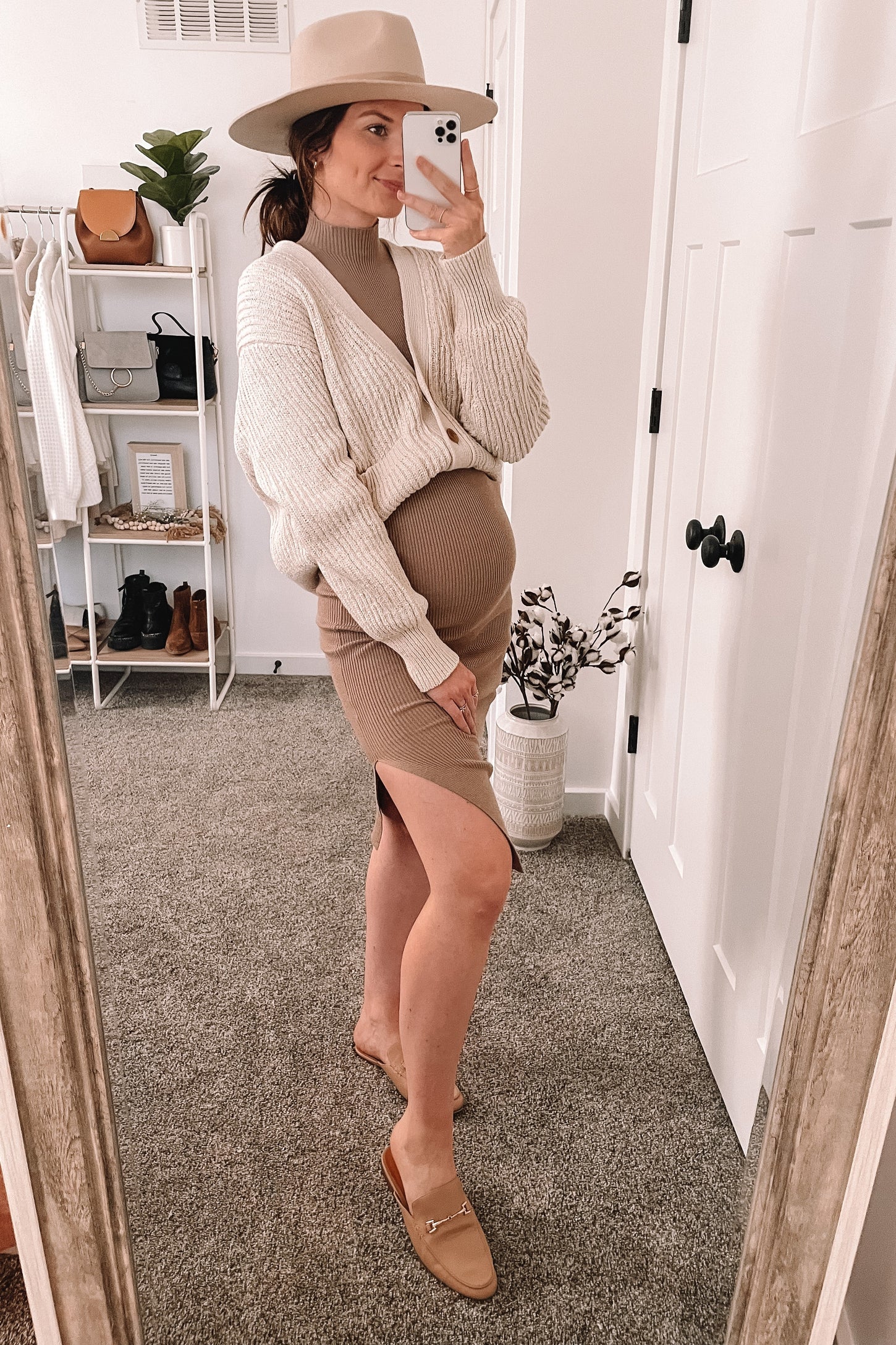 Taupe Ribbed Fitted Mock Neck Long Sleeve Maternity Midi Dress