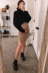Taupe Ribbed Fitted Mock Neck Long Sleeve Maternity Midi Dress