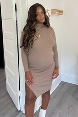 Taupe Ribbed Fitted Mock Neck Long Sleeve Maternity Midi Dress