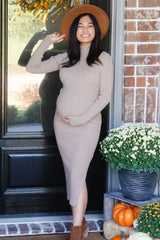 Taupe Ribbed Fitted Mock Neck Long Sleeve Maternity Midi Dress
