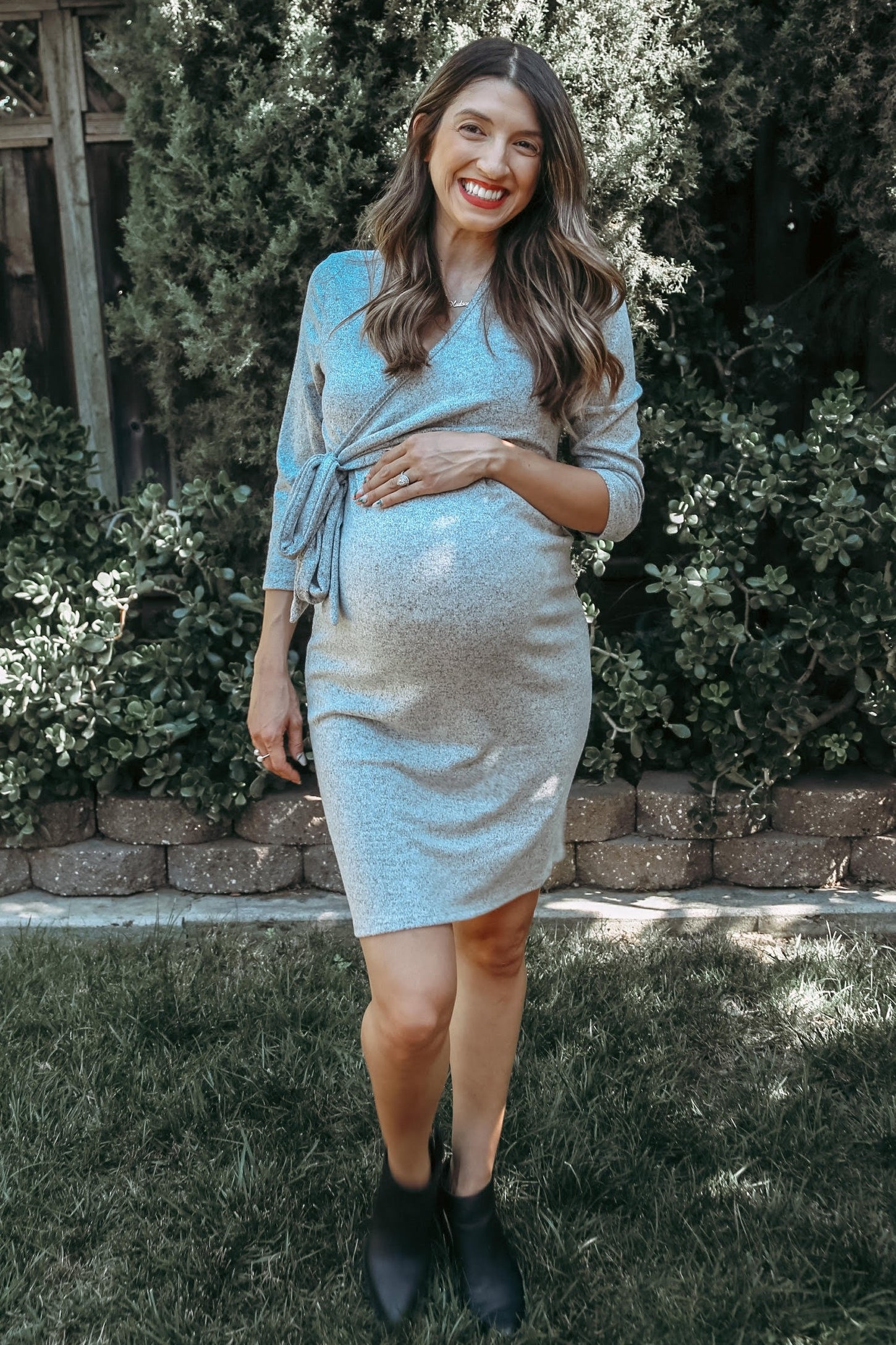 Heather Grey Brushed Knit Wrap Fitted Maternity/Nursing Dress