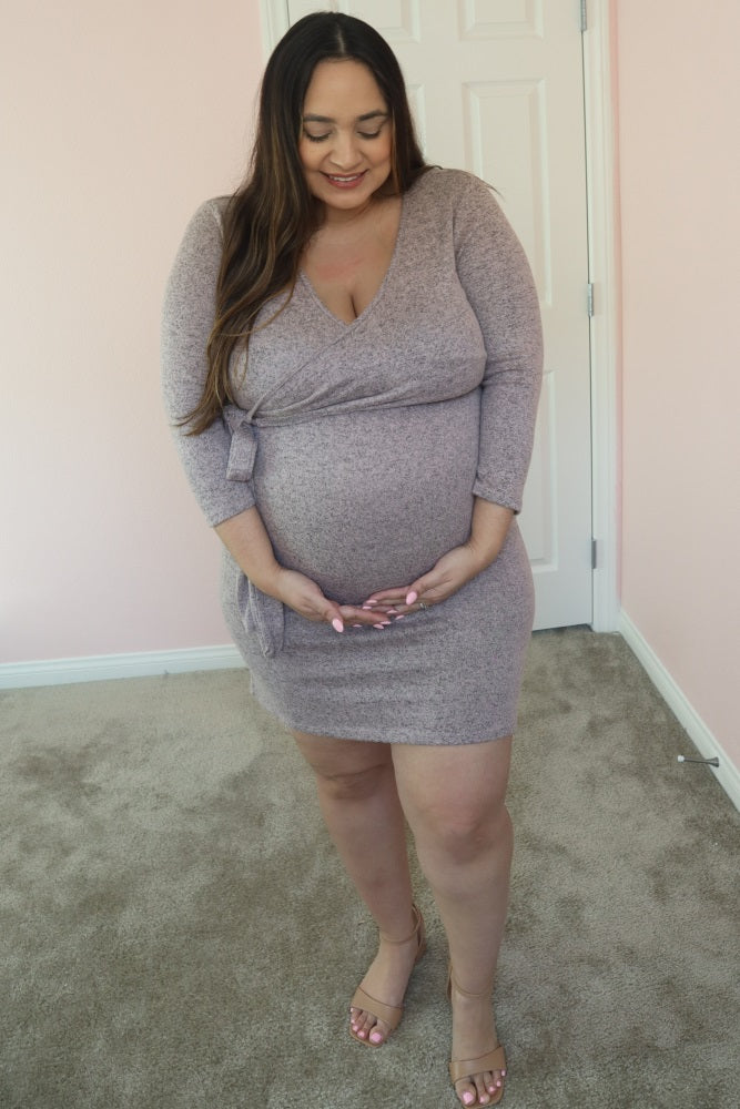 Pink Brushed Knit Wrap Fitted Maternity/Nursing Dress