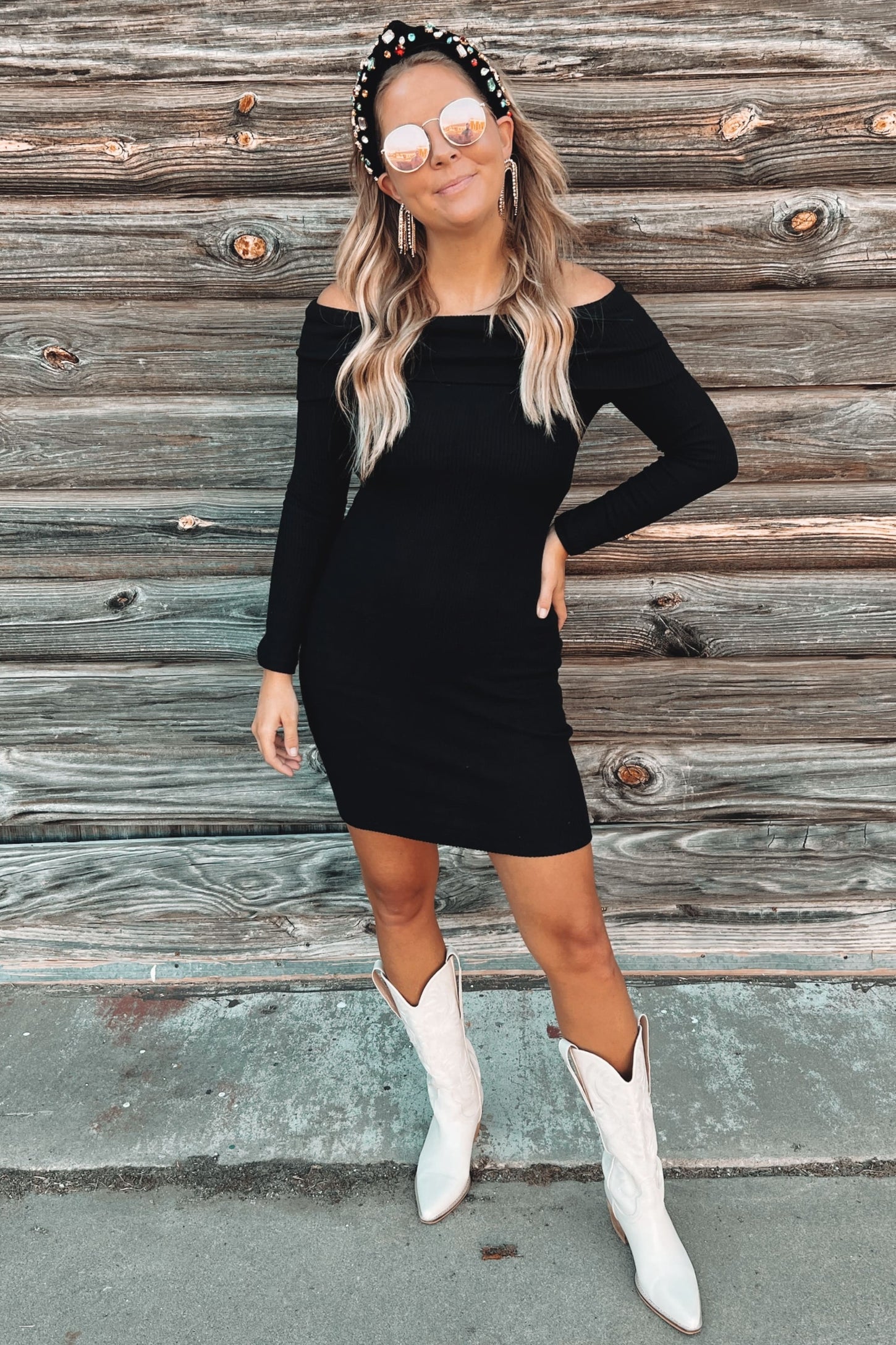 Black Soft Ribbed Folded Neck Off Shoulder Dress