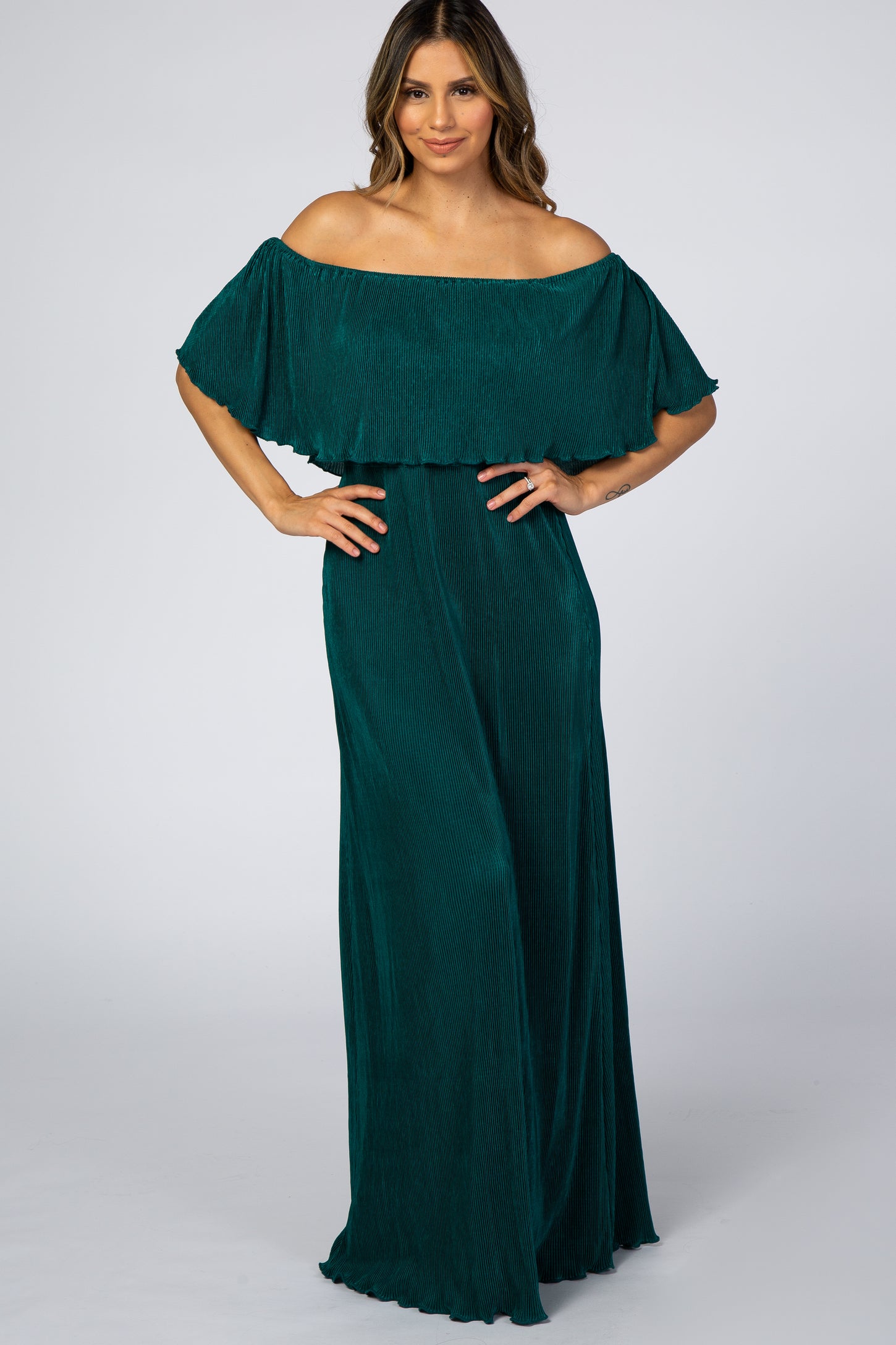 Forest Green Pleated Ruffle Off Shoulder Maternity Maxi Dress