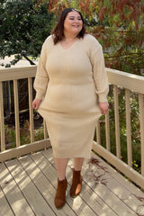 Beige V-Neck Ribbed Sweater Dress