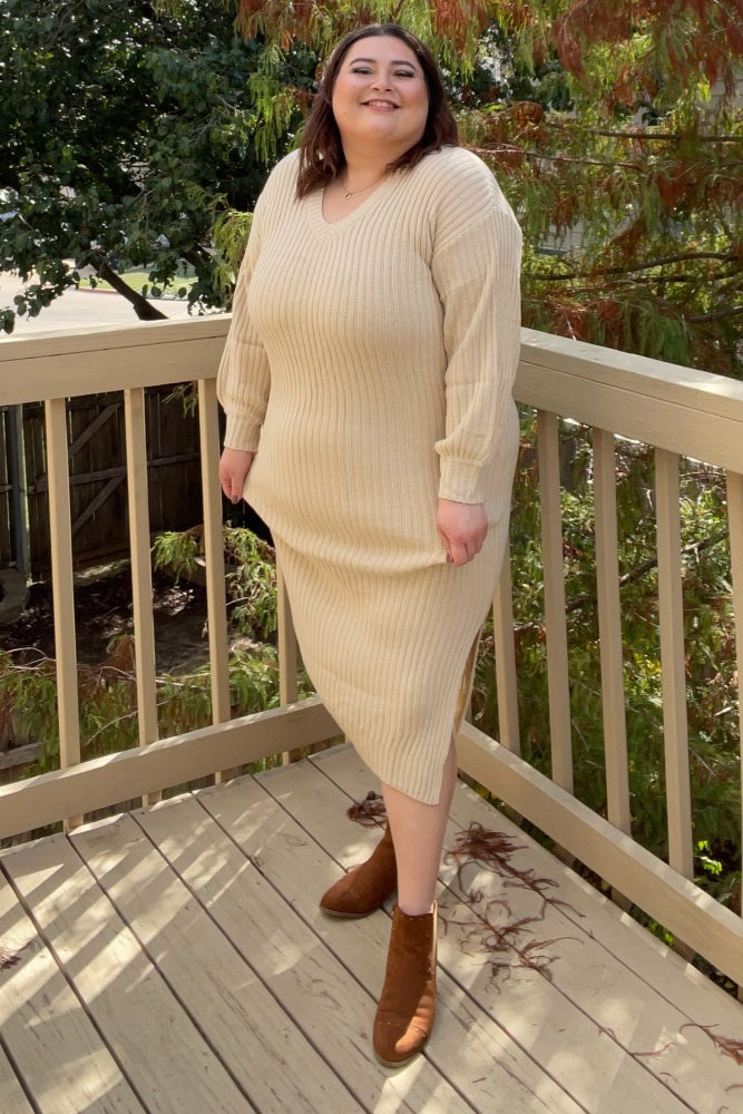Beige V-Neck Ribbed Sweater Dress
