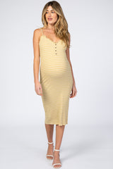 Yellow Striped Button Front Fitted Maternity Dress