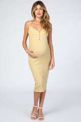 Yellow Striped Button Front Fitted Maternity Dress