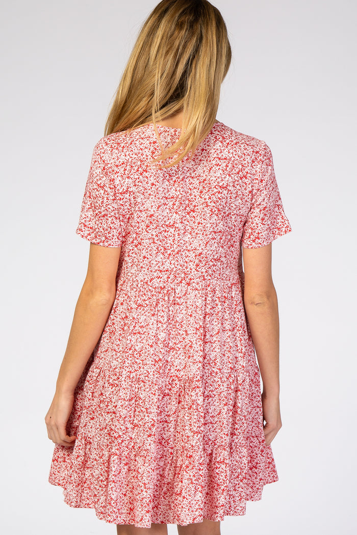 Red Floral Ruffle Tiered Button Front Maternity Dress