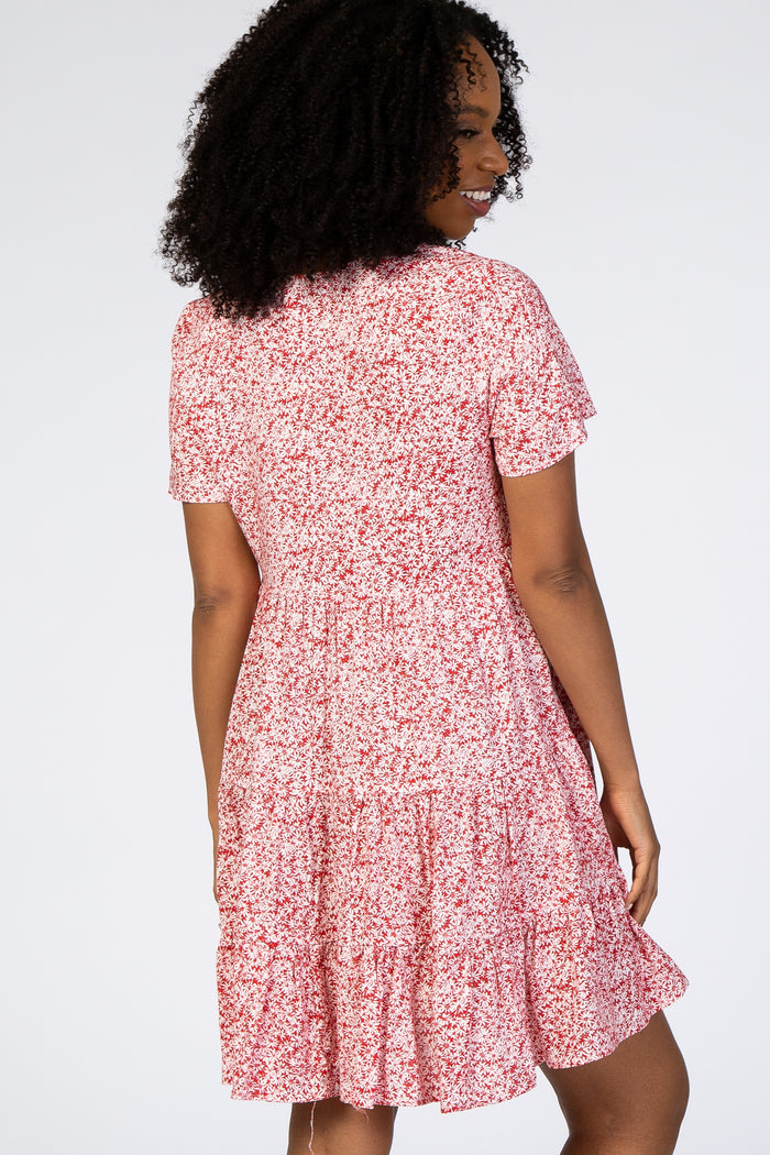 Red Floral Ruffle Tiered Button Front Dress