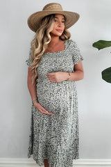 Light Blue Floral Ruffle Maternity Midi Dress