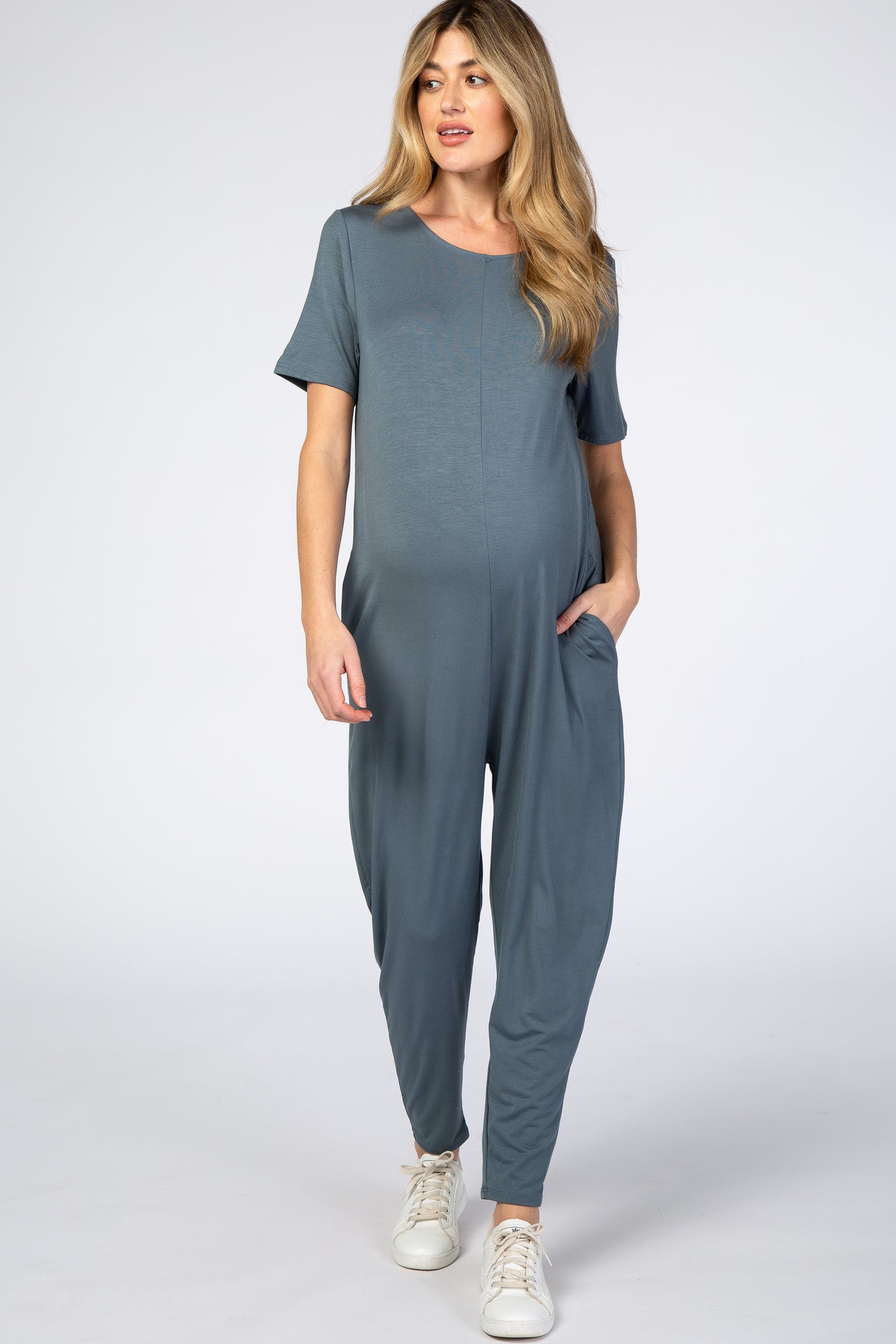 Dark Teal Basic Short Sleeve Maternity Jumpsuit