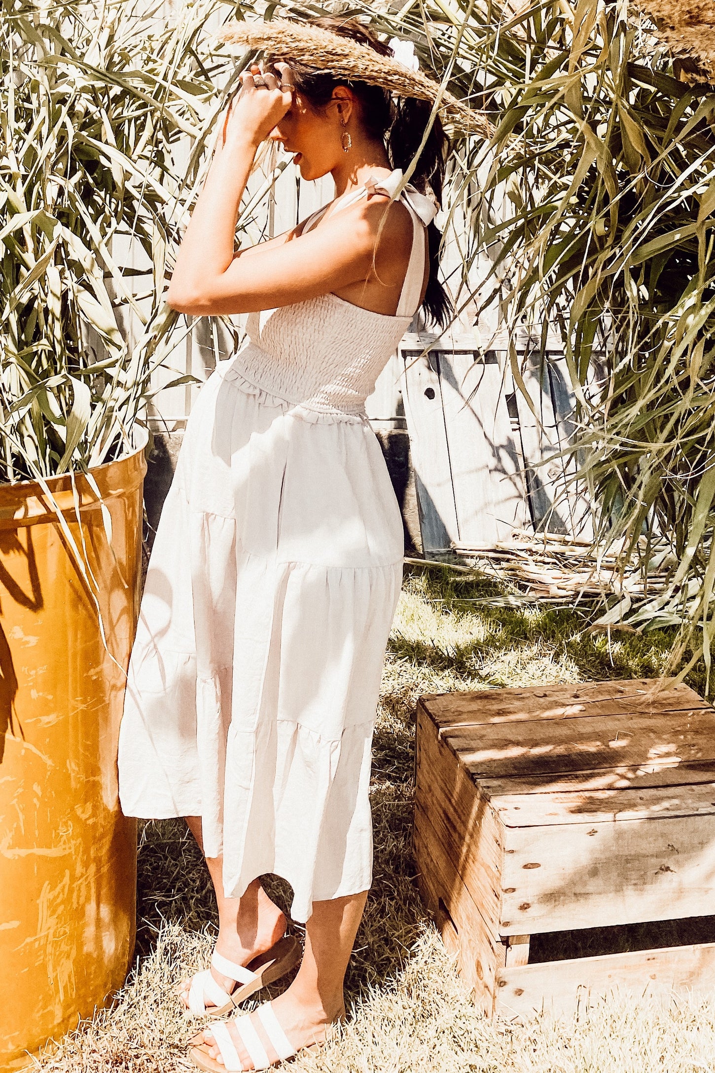 Beige Bow Strap Tiered Maternity Midi Dress