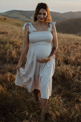 Beige Bow Strap Tiered Maternity Midi Dress