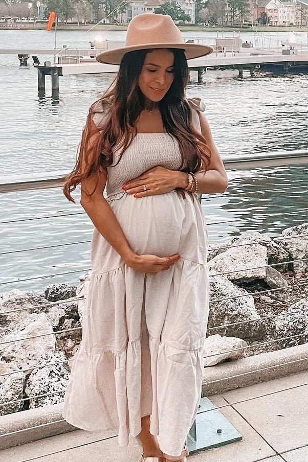 Beige Bow Strap Tiered Maternity Midi Dress